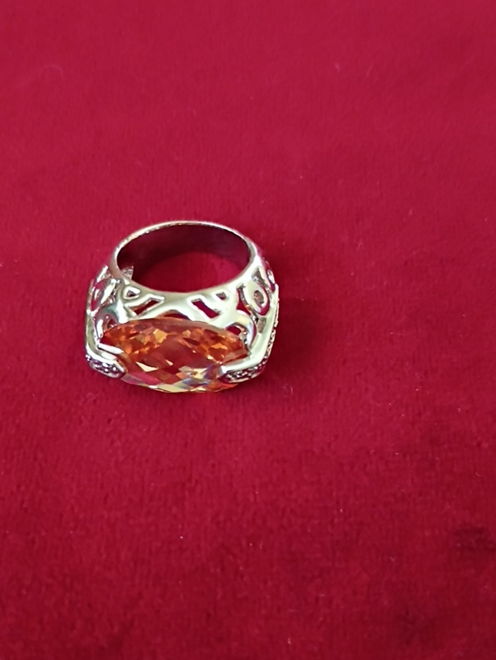 Silver Tone-Style Orange Stone Statement Ring